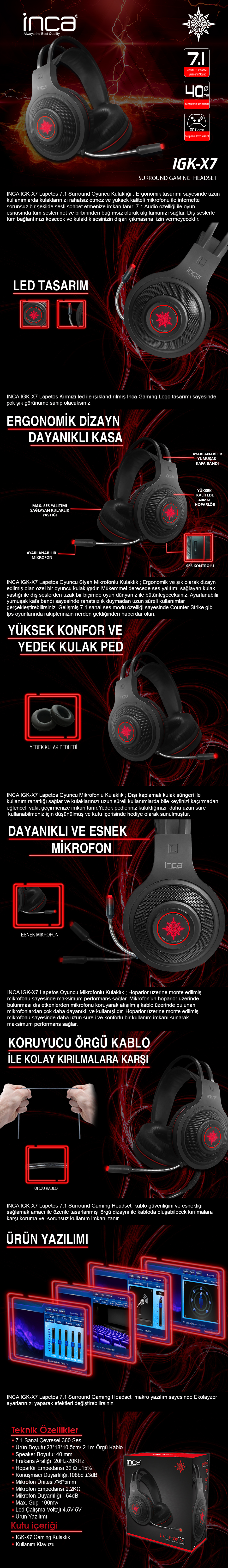 Inca IGK-X7 Lapetos 7.1 Surround Gaming Led Kulaklık